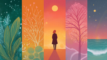 Dreamy Scenery: A series of vibrant illustrations unfolds before the viewer, transitioning through various scenic moments featuring plants and solitary individuals.
