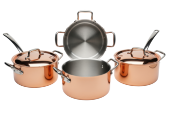 highly polished trio of professional copper stockpots with stainless handles, central pot open, detailed studio product shot emphasizing reflectivity against a transparent background, concept for