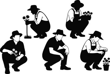 Country people crouching, farmers gardeners florists flower growers and editable line drawings in vector
