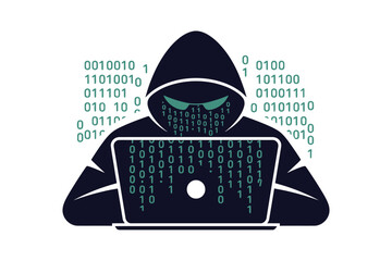 A hooded hacker sitting in front of a laptop with binary code