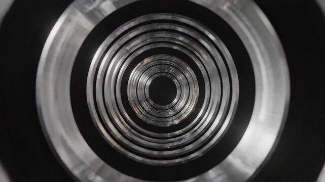 Abstract circular metal tunnel illusion with shiny silver rings