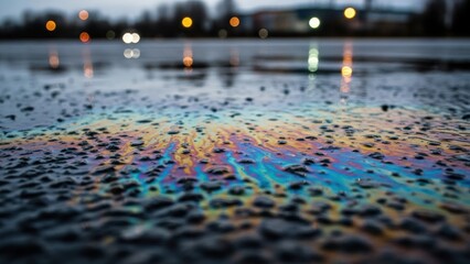 Naklejka premium Oil spill on the water surface creating iridescent patterns, reflecting the surrounding environment. An environmental concern, but also a display of nature's beauty and chemical reactions
