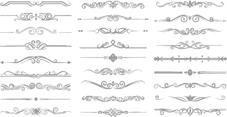 Set of vintage calligraphic design elements featuring vector borders, floral flourishes, and ornate scrolls for elegant page decoration, retro labels, and victorian menu dividers in a ribbon style