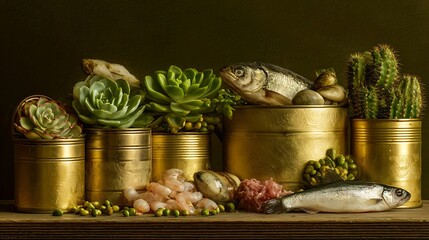 Composition of fresh seafood, potted succulents, and raw meat arranged on a wooden surface
