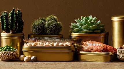 Still life arrangement features seafood, nuts, and potted succulent plants set against a muted backdrop