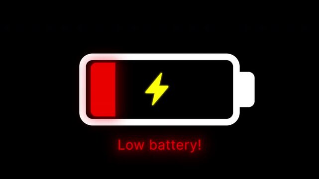 Battery icon displays low charge warning with red indicator and lightning symbol, emphasizing urgency for charging device to prevent shutdown and maintain functionality