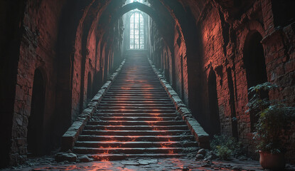 Fototapeta premium Ancient stone staircase with ethereal glow. Stone staircase inside an ancient building, bathed in a mystical glow. 