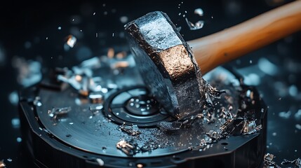 Hammer smashing hard drive with shattering debris flying everywhere