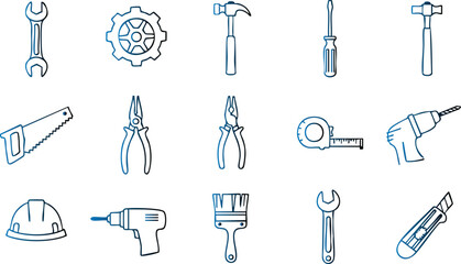 Hand-drawn blue line art tools collection for construction and repair services branding.