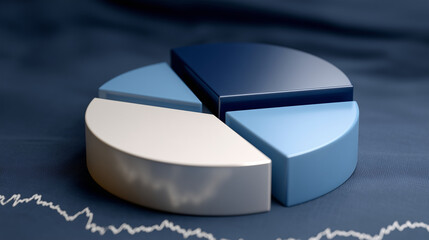 a pie chart, metallic. stock market charts in the background. natural daylight, navy blue background, product rendering style, ultra realistic, 8K