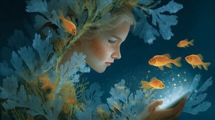 Enchanting Dream: A dreamy portrait of a woman surrounded by surreal elements, she gazes at a glowing object, with golden fishes swimming around her.