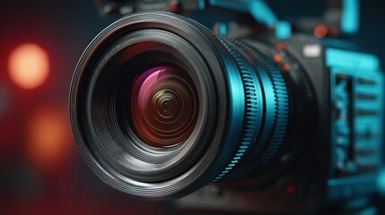 A professional video camera close up with a shallow depth of field, capturing the lens focus with bokeh lights. It highlights the quality and details of the camera for filmmaking and recording.