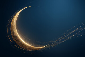 Modern abstract Ramadan night composition, luminous crescent in soft gold light against a dark blue background, subtle Islamic pattern texture, premium Saudi corporate branding sty