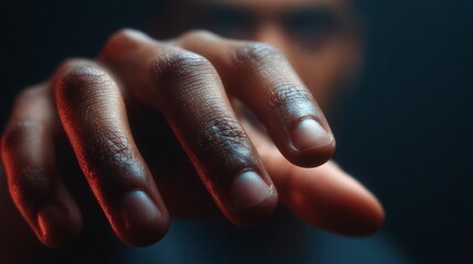A closeup shot of a hand reaching forward, the focus is on the fingers