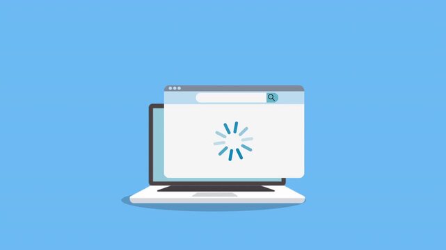 Minimal laptop illustration with a browser-style window and loading spinner, representing web page loading, online processing, or background activity. Clean flat design suitable for UI, apps, and tech