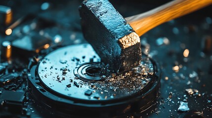 Hammer smashing hard drive with debris scattered around