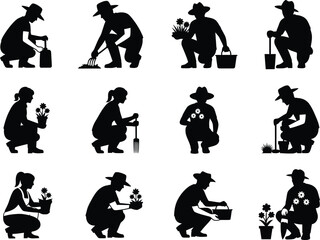 Country people crouching, farmers gardeners florists flower growers and editable line drawings in vector