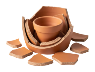 Broken clay pot space still life natural light isolated on transparent background