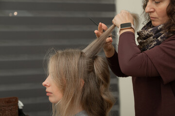 Fototapeta premium Professional Hairstylist Lifting Hair While Styling Woman in Salon