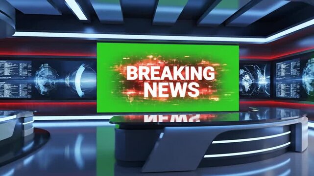 Modern news studio with green screen and breaking news graphics