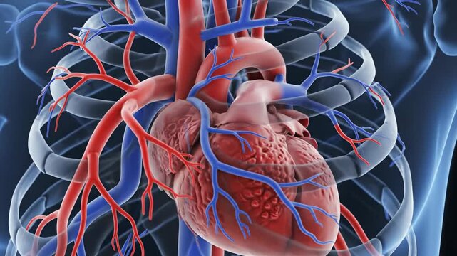 Anatomical heart illustration showing arteries veins and rib cage structure