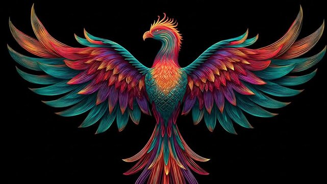 A vibrant, detailed illustration of a phoenix, showcasing intricate feather design and bold colors against a dark backdrop.