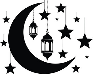 Elegant Black Silhouette of Hanging Ramadan Lantern Crescent Moon and Stars Vector Illustration Solid vector , silhouette, illustration, vector black and white on white background  