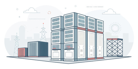 Modern data center server towers in futuristic city skyline with cloud computing infrastructure visualization