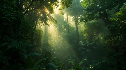 Obraz premium Misty tropical rainforest with sunbeams filtering through dense green foliage
