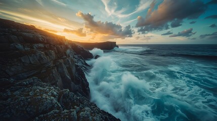 Dramatic ocean waves crashing against rugged rocky coastline at sunset