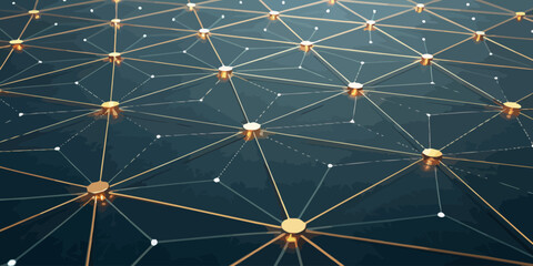 Golden network connections with glowing nodes and lines on dark blue professional technology background