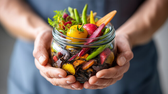 Close-up of faceless hands holding a glass jar filled with homemade compost, surrounded by fresh fruit and vegetable scraps, Earth Day composting initiative, soft natural light, sh