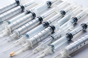 Disposable plastic syringes without needles arranged in pattern, medical laboratory equipment concept for healthcare, pharmaceutical preparation and clinical research use