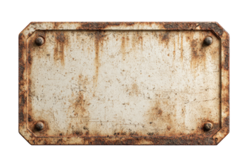 Rustic, aged metal plate with rust and rivets.  A blank sign, rectangular, with a beveled edge and visible rivets.  The surface shows signs of weathering and rust