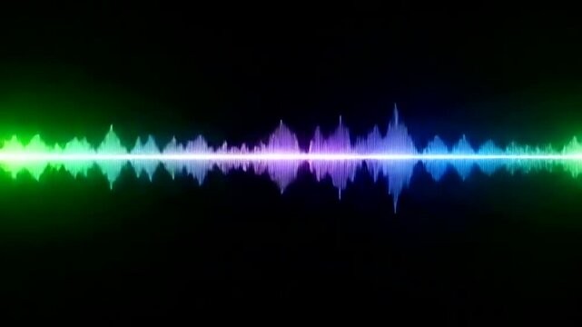 Colorful audio waveform animation with glowing neon sound waves on black background.