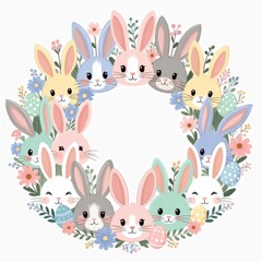 Fototapeta premium Cute pastel bunnies forming round wreath with easter eggs and spring flowers around empty center on white background, soft watercolor illustration and gentle lighting. Friendly easter greeting concept