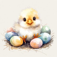 A cute, fluffy chick sitting in a nest surrounded by colorful Easter eggs. Concept of spring, new life, and Easter celebrations