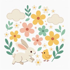 A charming and colorful illustration of fluffy yellow chicks surrounded by pastel-colored flowers in a round wreath shape. Concept of spring, new beginnings, and Easter cheer