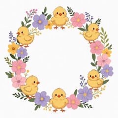 A charming and colorful illustration of fluffy yellow chicks surrounded by pastel-colored flowers in a round wreath shape. Concept of spring, new beginnings, and Easter cheer