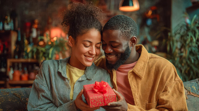Couple sharing a gift during a cozy moment in a warm setting with soft lighting and smiling faces