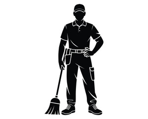 Janitor holding a broom with a tool belt