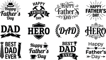 Fototapeta premium Father’s Day icon set, black and white graphics, dad typography, mustache, tie, coffee, trophy, celebration theme