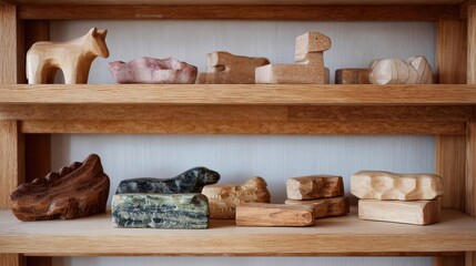 Wooden shelf with three shelves. on the top shelf, there are several small wooden objects arranged in a row. the objects appear to be made of wood and are of different shapes and sizes.