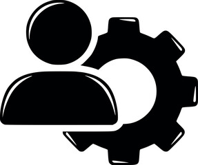 user silhouette vector with gear. represents account settings, technical support and personnel management. solid black fill design without white color