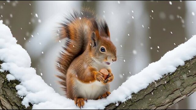 A red squirrel perched on a snow-covered tree branch, eating a nut in a serene winter forest scene.