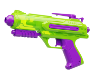 close-up macro of a sleek, retro-futuristic toy water gun, translucent neon lime green plastic with purple accents, hard studio lighting on white. commercial product advertisement concept