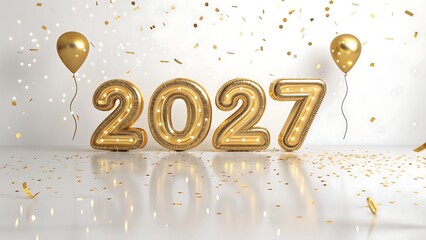 Golden 2027 balloons with confetti a celebratory new year s visualization