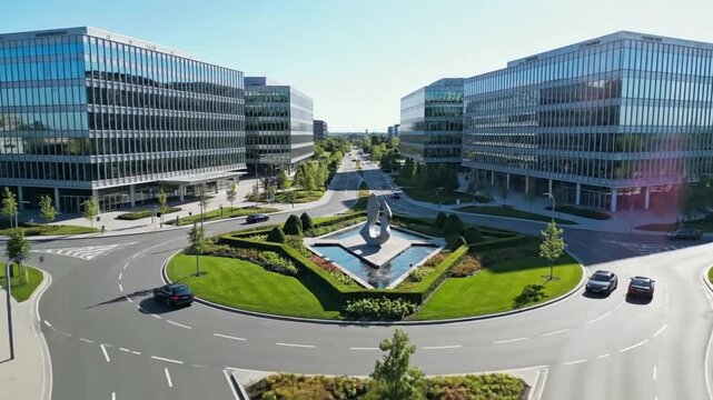 Modern business district with roundabout and office buildings