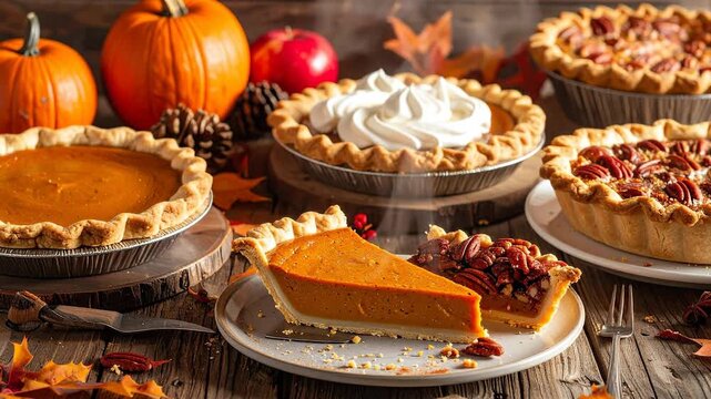 Delicious assortment of autumn pies, including pumpkin and pecan, arranged on rustic wooden table.