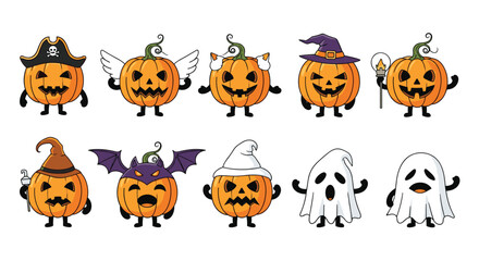 Fototapeta premium Collection of cute halloween pumpkin characters in different costumes like pirate and witch along with friendly ghost mascots for seasonal decor.